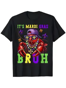 100% Cotton Men'S Mardi Gras Crawfish Graphic T-Shirt - Vibrant Red Crawfish with Beads Fleur-de-Lis Design, "It'S Mardi Gras Bruh" Slogan, Lightweight Breathable Fabric, Short Sleeve Round Neck Casual Tee for New Orleans Parti