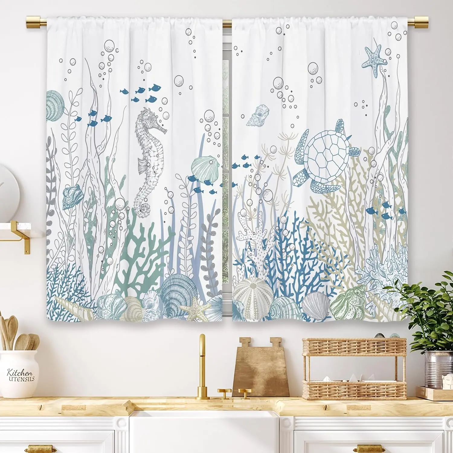 2-Panel Rod Pocket Coastal Cafe Curtains, Blue and White Contemporary Nautical Ocean Starfish-Seashells Print, Wrinkle Resistant Durable Polyester 27.5x39 in Light Filtering Small Drapes for Kitchen Windows