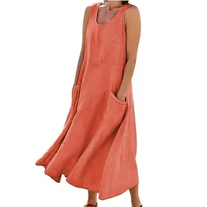 Chvity Women's Linen Maxi Dress, Summer Sleeveless Round Neck Basic Casual Wear, Pull-On Baggy Flowy Style with Pockets