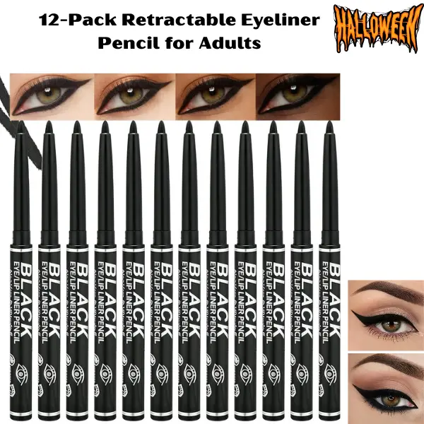 12-Pack Retractable Eyeliner Pencils for Adults - Waterproof, Smudge-Proof, Long-Lasting, Blendable, Non-Toxic, Alcohol-Free, Fragrance-Free, Fast-Drying Matte Black Makeup, Suitable for Waterline & Eyebrows, Lipliner
