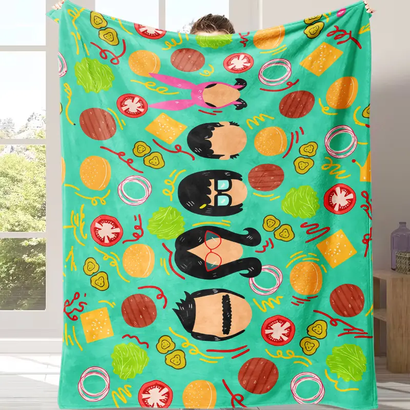 Burger Family Flannel Blanket Cartoon Food Print Soft and Warm Lightweight and Cozy Perfect for Sofa Bed Travel Camping and Makes a Great Gift for Food Lovers and Cartoon Fans Suitable for all four seasons A gift suitable for fans, friends and children su