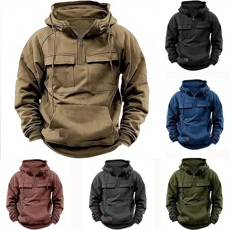 Men's Tactical Quarter-Zip Plain Longsleeves Pullover Hoodie - Dark Gray Polyester Tops, Menswear with Cargo Pocket for Outdoor Workouts