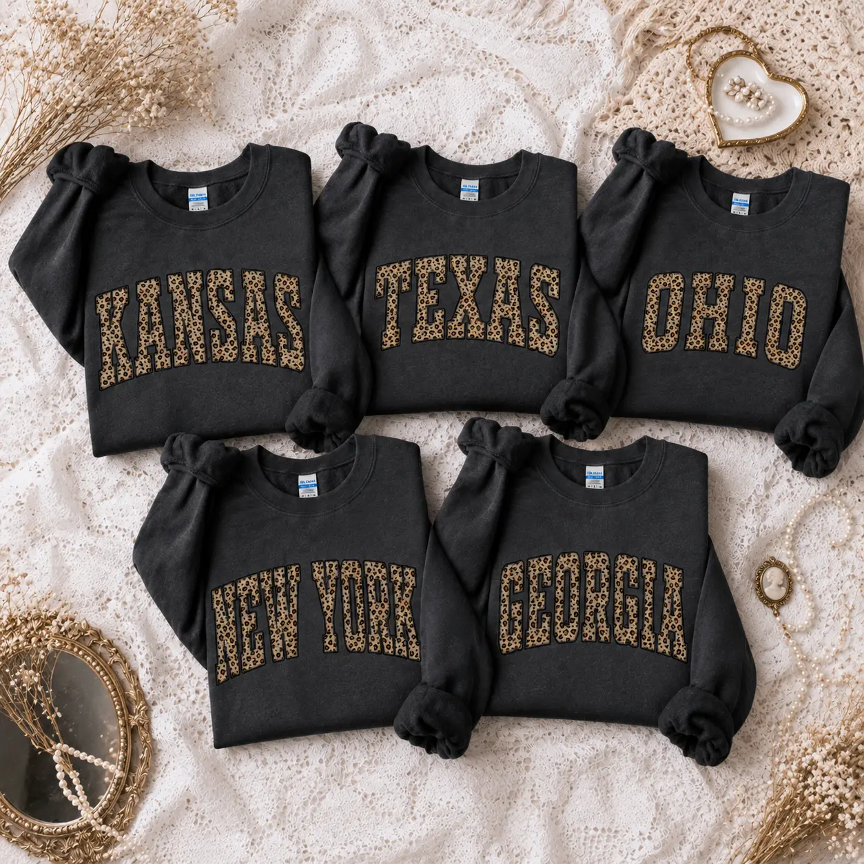 Custom 50 State Leopard Print Sweatshirt, Custom Kansas Texas Ohio Georgia New York Crewneck, Vintage College Letter Sweatshirt, Family Matching Gift, Unisex Pullover, Birthday Gift, Mother's Day Gift - JACKSON HOAI STORE