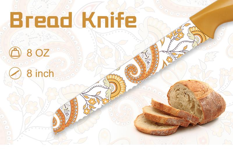 Astercook Paisley Knife Set – Cook with Love, A Thoughtful Valentine’s Day Gift for Home Cooks, 6-Piece Colorful Kitchen Knife Set Utensils Breadknife Kitchenware Block