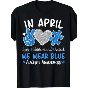 Autism Awareness April TShirt Wear Blue Puzzle Piece Peace Sign 220GSM Cotton Tee Unisex Autism Shirt