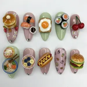 Chic Nail Studio Cute Food Lover Press-On Nails, 3D Sushi Pancake Egg Burger Ramen Hotdog Cherry Charms, Fun Mini Food Design, Handmade Custom Nail Art, Summer Travel Nails, Playful Vacation Style