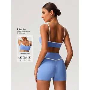 Women's color blocking tight sports bra high waisted shorts sportswear set, yoga gym exercise running breathable and comfortable clothing, all season women's sportswear, gym sportswear