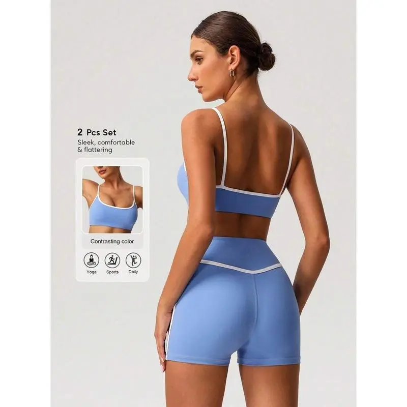 Women's color blocking tight sports bra high waisted shorts sportswear set, yoga gym exercise running breathable and comfortable clothing, all season women's sportswear, gym sportswear