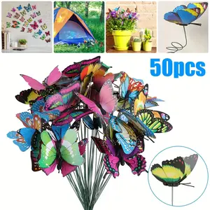 50Pcs Butterfly Stakes Garden Decoration - 10inch Artificial Butterfly Ornaments for Flower Bouquet Arrangements Crafts,DIY for Outdoor Garden Yard Patio Decoration