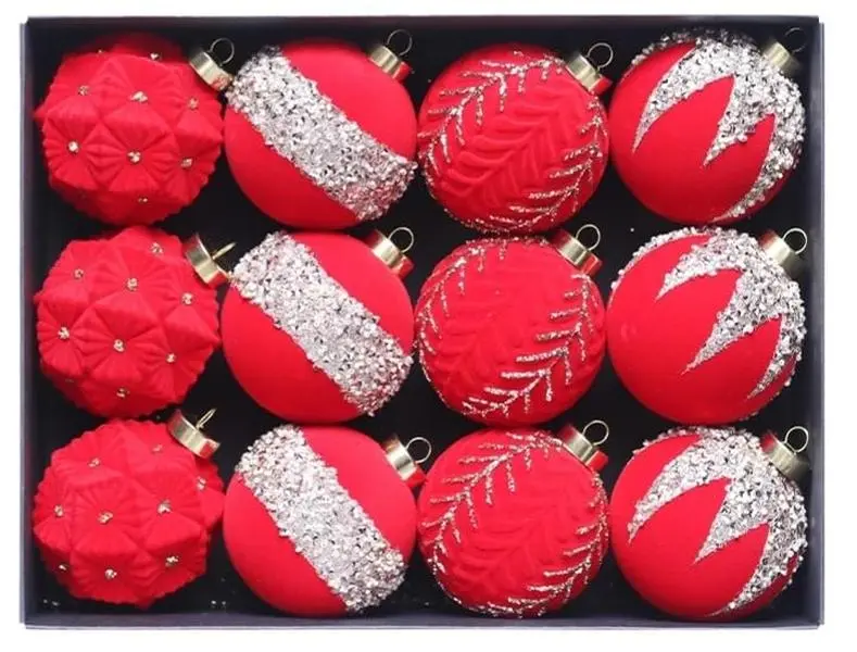 Garvee 12PCS Mini Christmas Ball Ornaments, Shatterproof Flocked Xmas Tree Hanging Decorations, for Holiday, Wedding, Mardi Gras Party (Red)