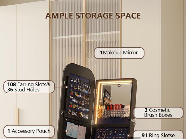 Miuvanity Round-Corner Design Full-Length Mirror with 360° Swivel & LED-Lit Features, Bottom Drawer Storage, Lockable Design living room decor