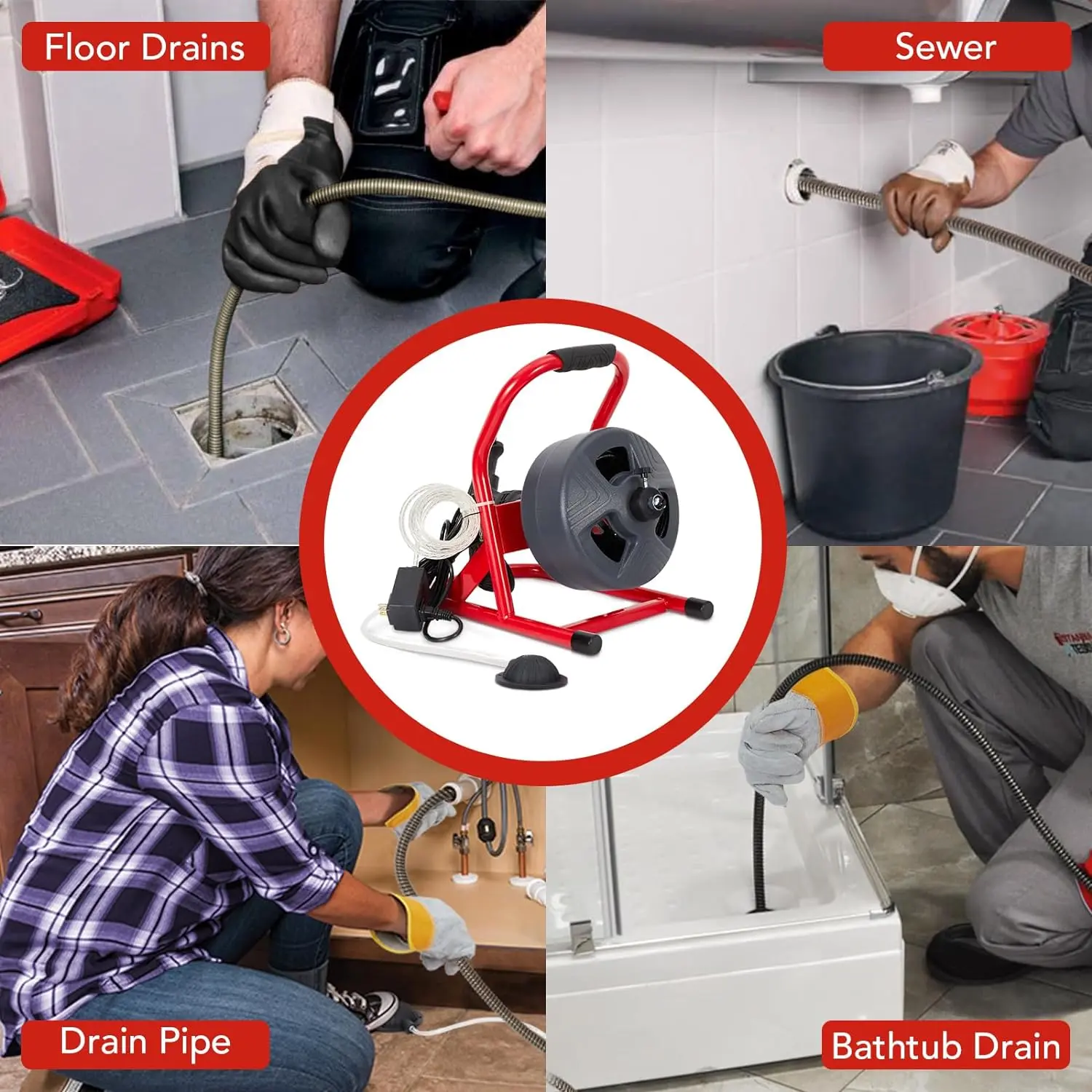 GARVEE 50ft x 5/16in Electric Drain Cleaner Machine - Drain Clog Remover Sewer Auger, Ergo Handle, 2.1A Motor, 0-380/min, Heavy Duty for 3/4-3in Pipes, Outside Use, 3/4 To 3 Inch Pipes, Pipe Clearing