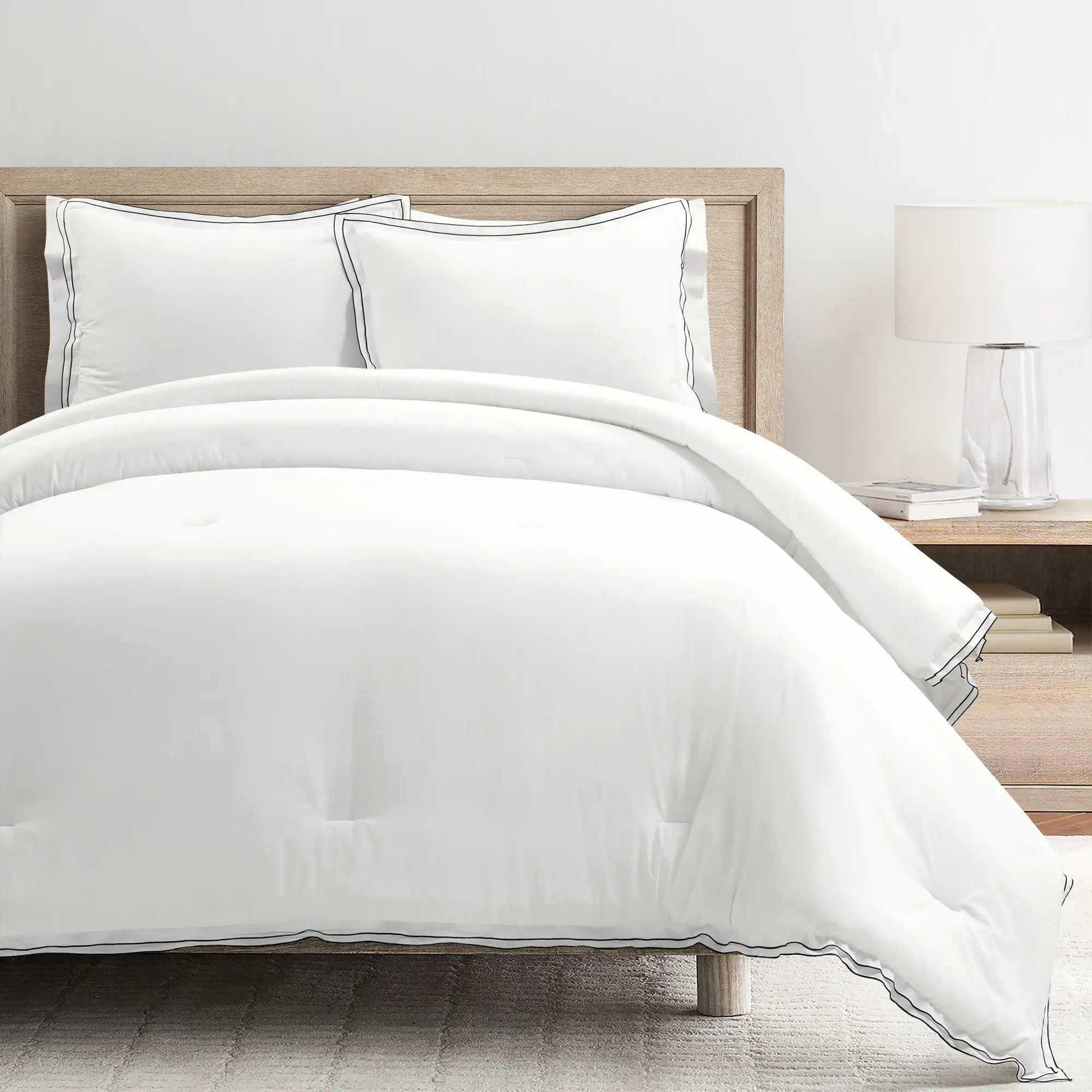 Lush Decor Hampton Double Flange Embroidered Contrast Edge Cotton Comforter Set, 3 Piece Set, Full/Queen/King - Hotel Bedding Set - Comforter Set- Minimalist Decor