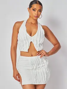 RUFFLE LACE SUMMER SPRING 2 PIECE SET WOMENS CLOTHING MINI SKIRT CROP TOP Patchwork Slim-Fit
