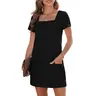 EVALESS Women's Chic Knit H-Type Casual Align Mini Dress - Stretchy Polyester, Square Neck, Short-Sleeve, Loose Basic, Anti-Shrink Summer Outfit with Pockets for Birthday, Party, Back to School