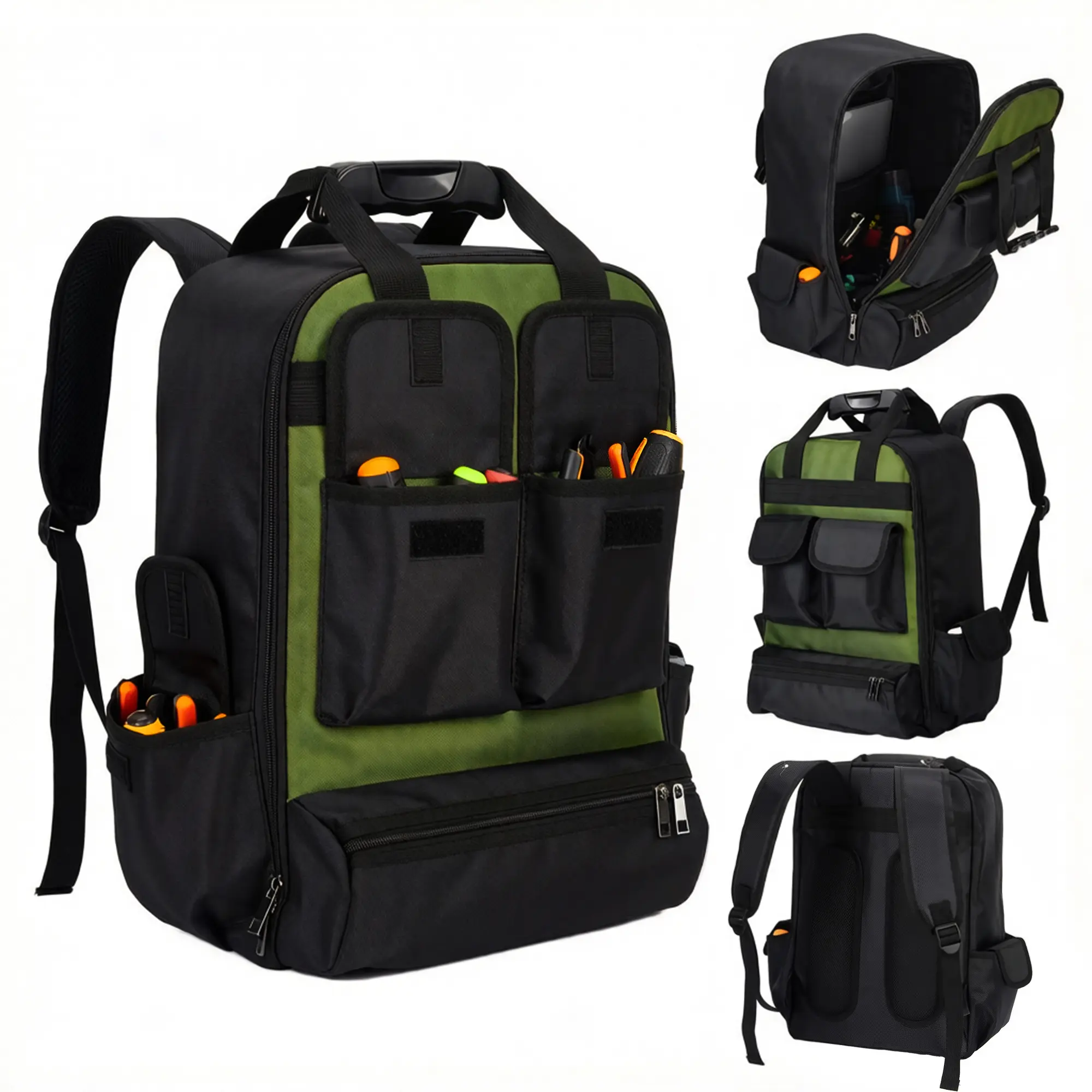Heavy Duty Tool Backpack Organizer – 18" Professional Tool Bag with Multiple Pockets, Comfortable Shoulder Straps, Portable Storage for Electricians, Mechanics, HVAC Engineers, Contractors – Black & Green