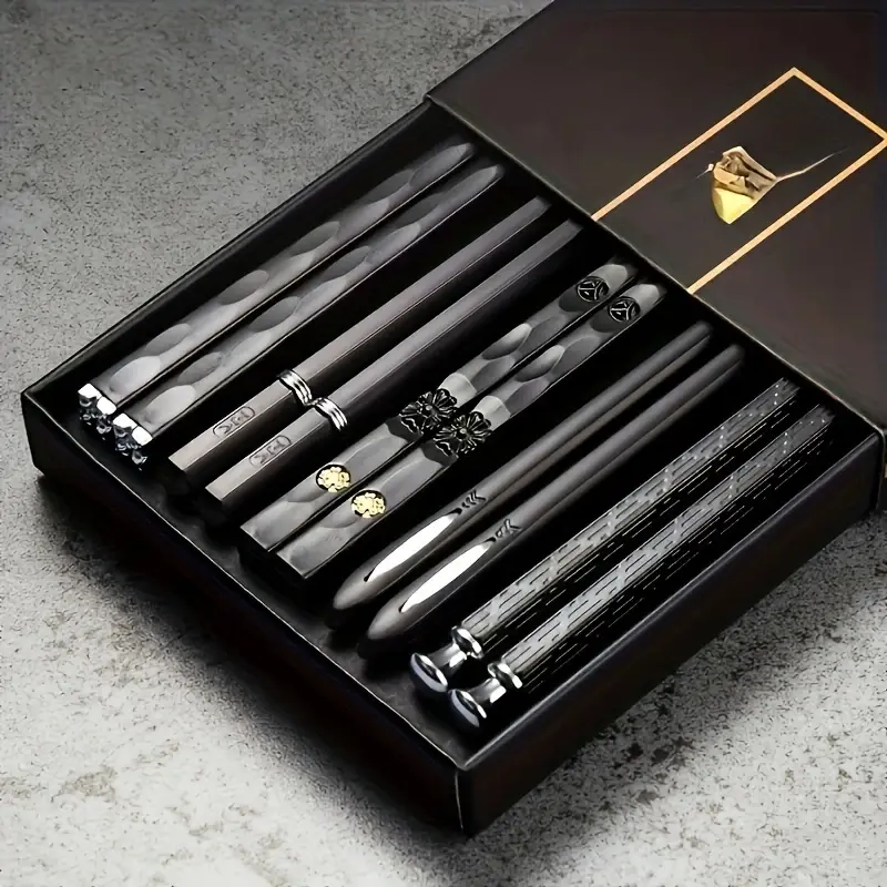 Reusable Fiberglass Cutlery Finger Chopsticks Set - 5-Pair, 9.5 in, Stainless Steel Core, Non-Plastic, Non-Slip Ergonomic Handle, Lightweight, Dishwasher-Safe, Modern Traditional Tableware, for Home/Restaurant, Great Birthday Gift for Adults, Kitchenware,