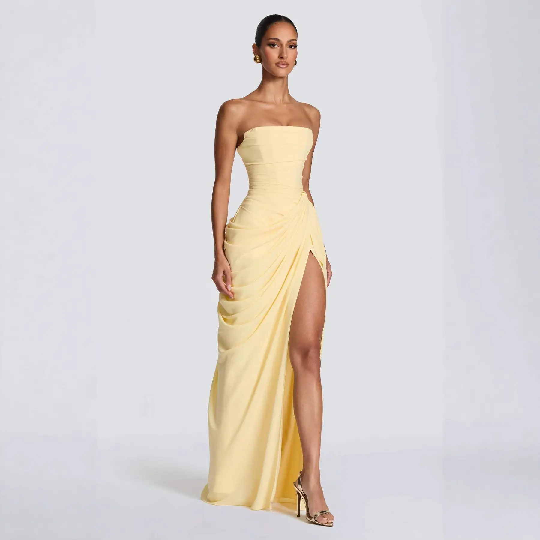 2026 European and American New Style Asymmetrical Pleated Sexy High-Slit French Romantic Strapless Pleated Slit Dress Formal Womenswear