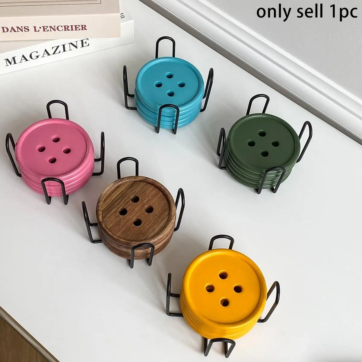 6pcs Original Colorful Button Coaster Set with Cross Iron Stand, Dopamine Round Wooden Kitchen Coasters, Coasters for Drinks, Coffee Cup Holder for Home Decor