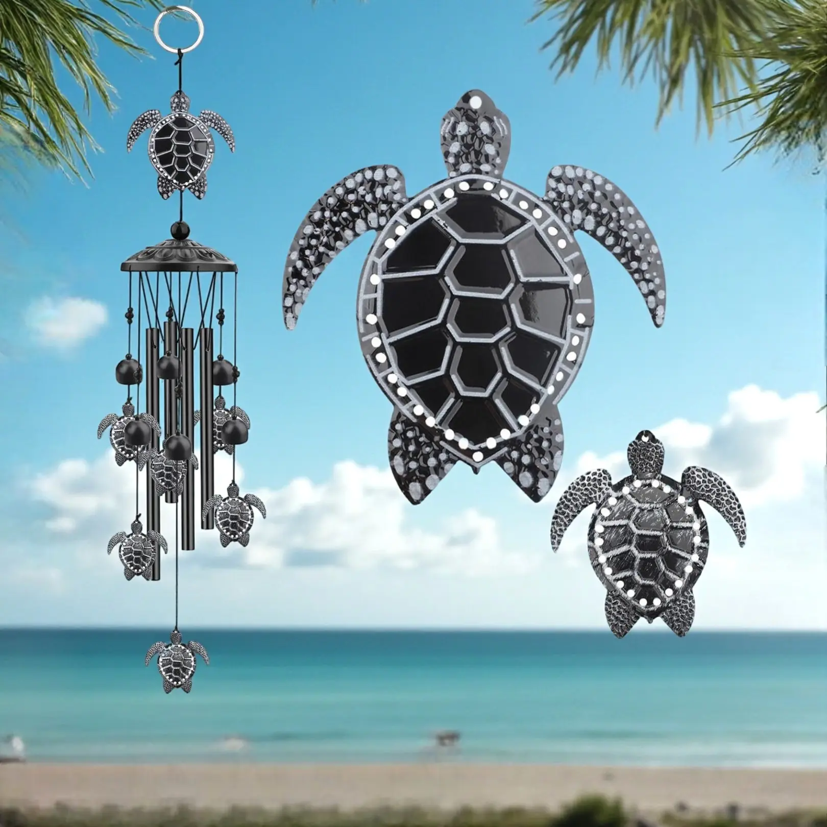 Sea Turtle metal Wind Chimes For Outside — Coastal Vibe Home Decor with 4 Aluminum Tubes and 6 Lucky Tortoise windchimes for Indoor Outdoors Garden Yard Patio (Black)