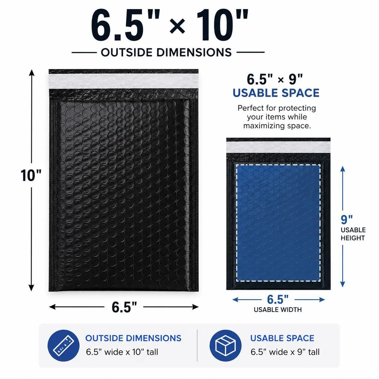 Poly Bubble Mailers (6.5x10 in, 6.5x9 in Usable Space) - Self-Seal Padded Bags, Bubble-Lined Poly Mailer Bags for Small Business Sellers, Lightweight Office Postal Supplies That Protects Items, Poly Mailers