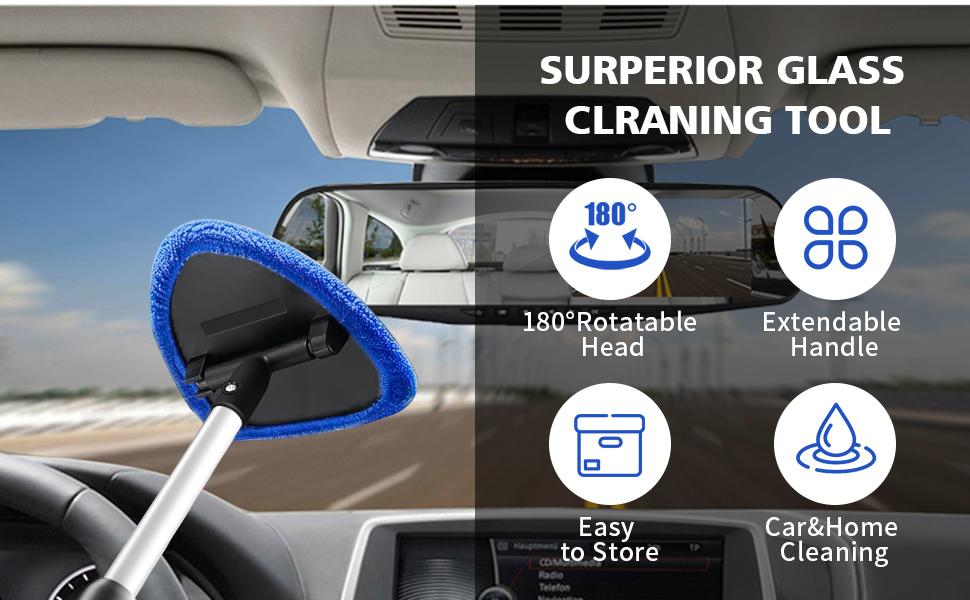 Windshield Cleaner Tool, Car Interior Detailing Cleaning Kit with Extendable Handle and 3 Upgraded High-Density Reusable Microfiber Pads, Auto Glass Wiper Brush Kit for Cars, Blue
