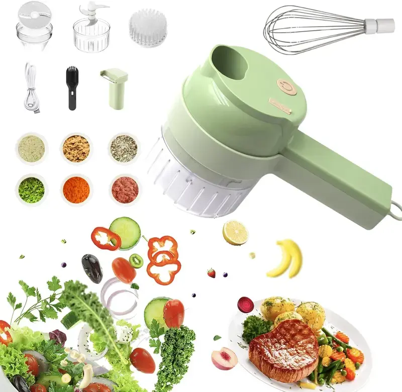 5-in-1 Electric Food Chopper Set, Multi-Functional Handheld Processor with Dual Beaters for Eggs & Cream + Cleaning Brush, Wireless Vegetable Slicer & Meat Grinder for Garlic, Salad Prep, Kitchen Gadgets