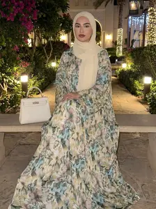 CL69 3 Mint Blossom Modest Maxi dress 2 piece green flower abaya with cream hijab,Fashionweek Summer Modestfashion