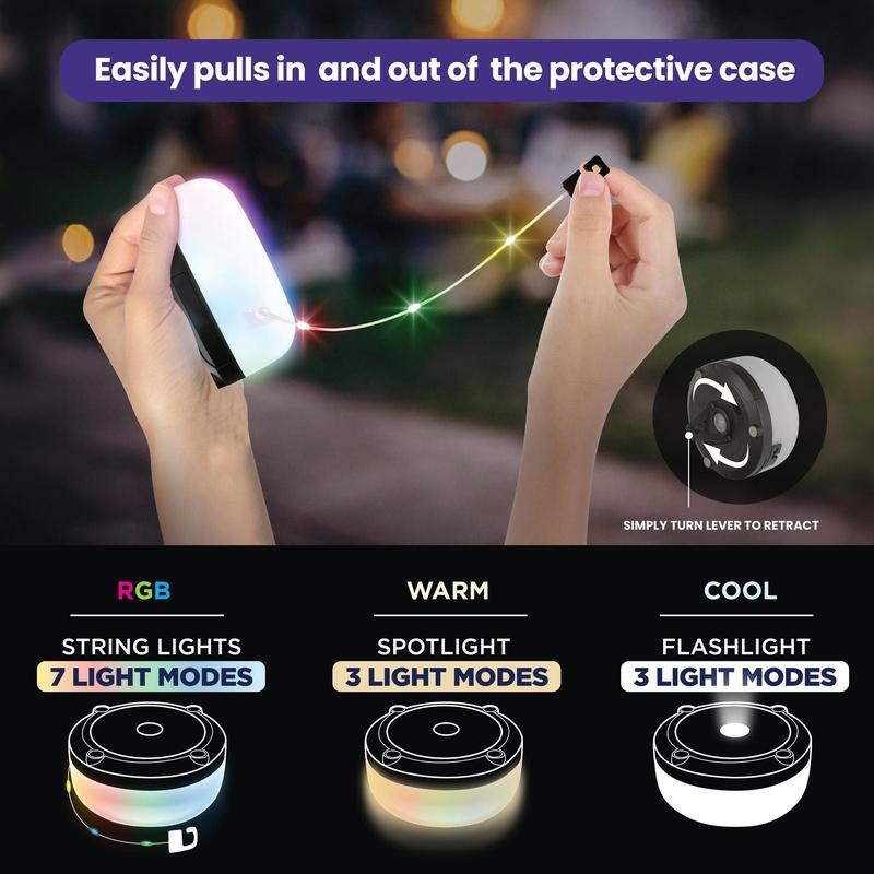 32' Holiday String Lights - Retractable USB-C Rechargeable , 80 LED Color-Changing, Magnetic Base, Flashlight, Built-in Hook, IP65 Water-Resistant for Camping, Indoor & Outdoor Use