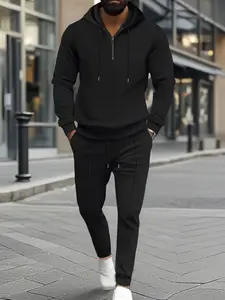 Men's Full Size Waffle-Knit Half Zipper Hoodie and Pants Set Plus Size