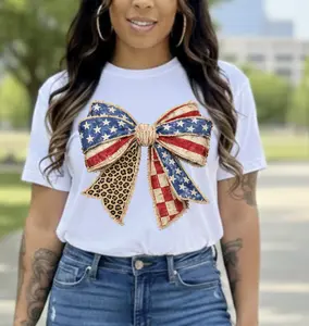 Faux Patch American Flag Bow Tshirt for Women - Patriotic Top with Leopard Print Bow - Casual Wear - Womenswear Crewneck Graphic