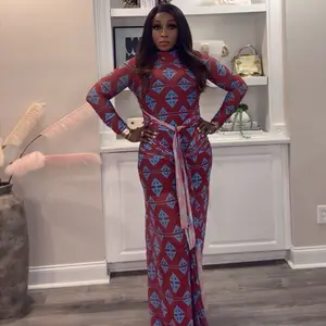 Erica Luxe Mesh Maxi Dress | Long Sleeve African Print Bodycon Maxi Dress | Elegant Statement Dress