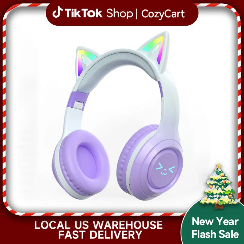 ROEL-PLAY Wireless Bluetooth Cat Ear Headset - LED Light Up, Folding Over Ear Audio Electronic, Built-in Microphone, Long Battery Life for Phones, Laptops (for Kids, Teens)