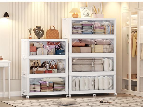 Broview V60 660Qt/700Qt/880Qt/1100Qt Extra Large Plastic Storage Bins with Lid, Each 220Qt stackable storage bin with lid,275Gal Stackable Containers With Drawers, Foldable Cabinets with 6x Wheels, Collapsible Closet Organizers for Home Office