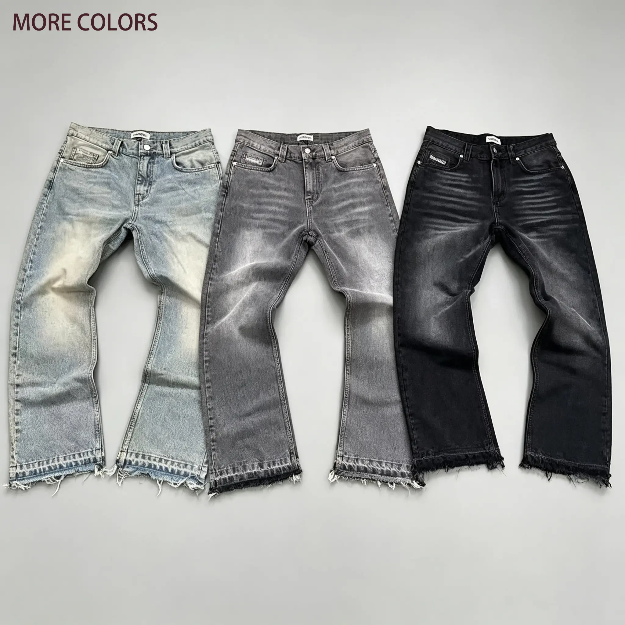 Vintage Washed Frayed Hem Flare Jeans Unisex Gradient Whiskering Distressed Mid Rise Raw Edge Bootcut Denim Pants Oversized Loose Y2K Retro Urban Streetwear Casual Trousers
