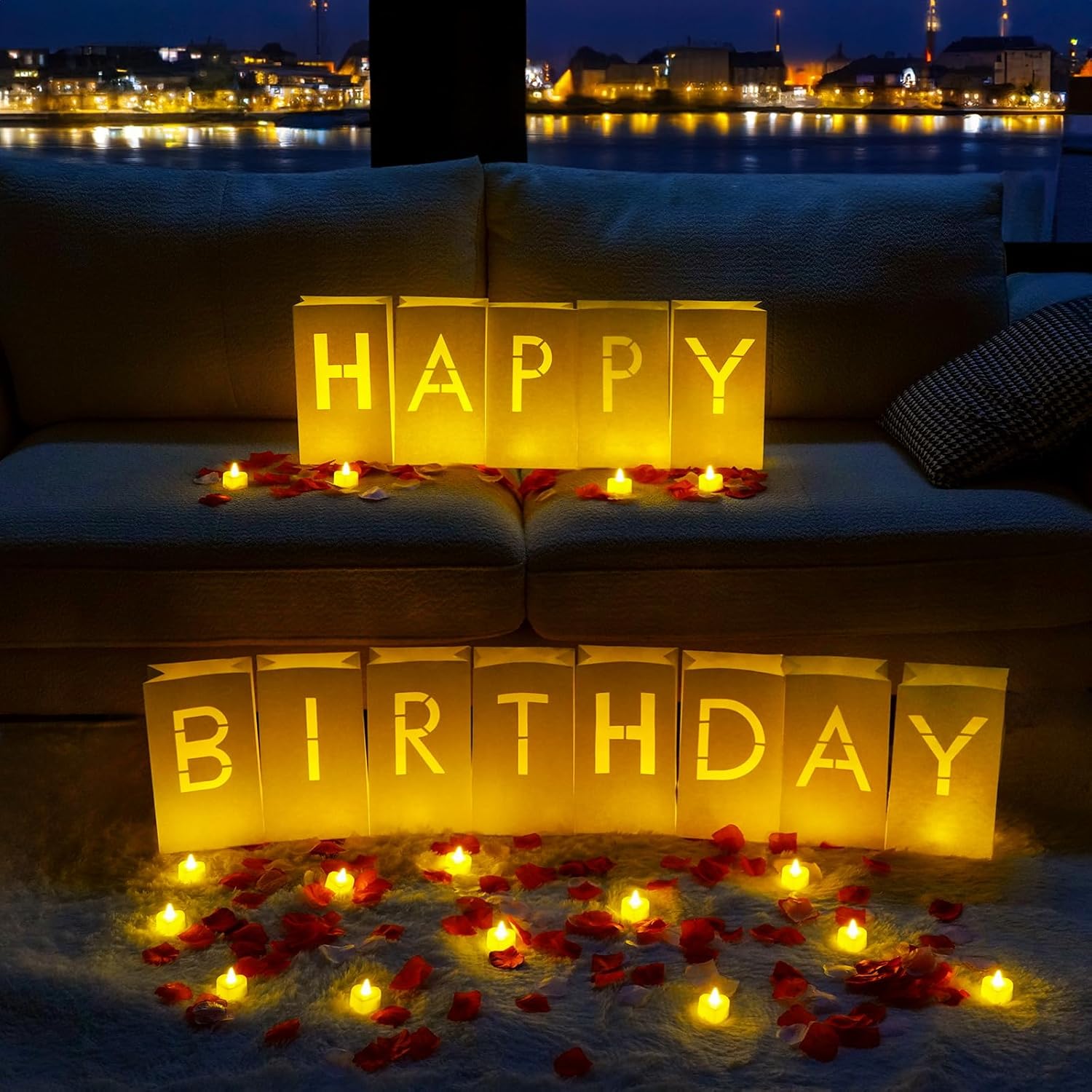 Happy Birthday Light Up Letters Luminary Bags with Flameless Candles and Fake Rose Petals, Happy Birthday Sign Party Decoration for Women Men