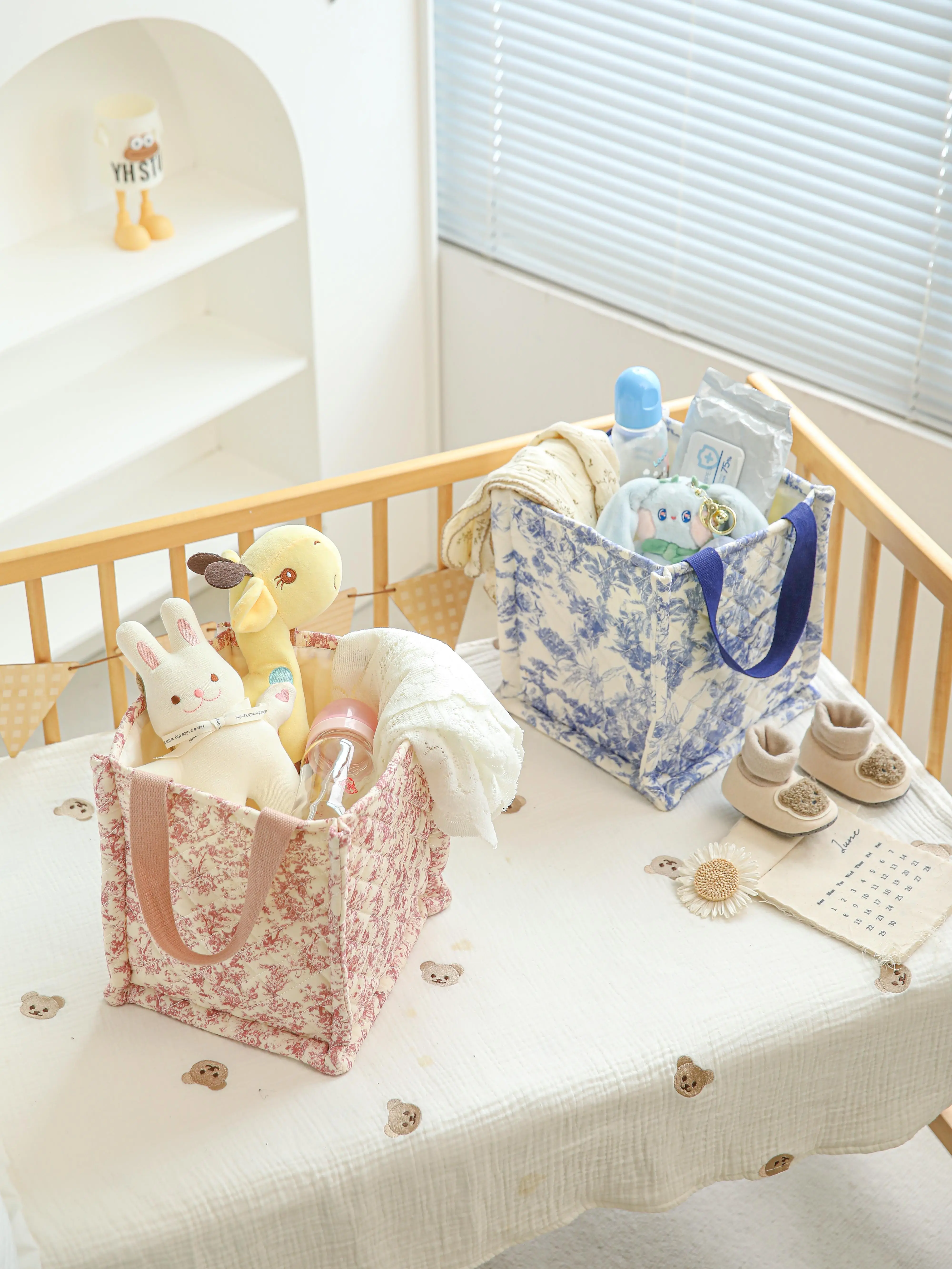 Structured Fabric Square Storage Basket - 27cm Lightweight Portable Modern Neutral Organiser with Long Handles for Household Indoor Nursery Use