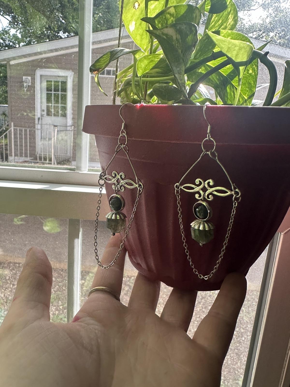 Moss Agate and stainless steel hand made natural crystal earrings with 925 silver hooks.