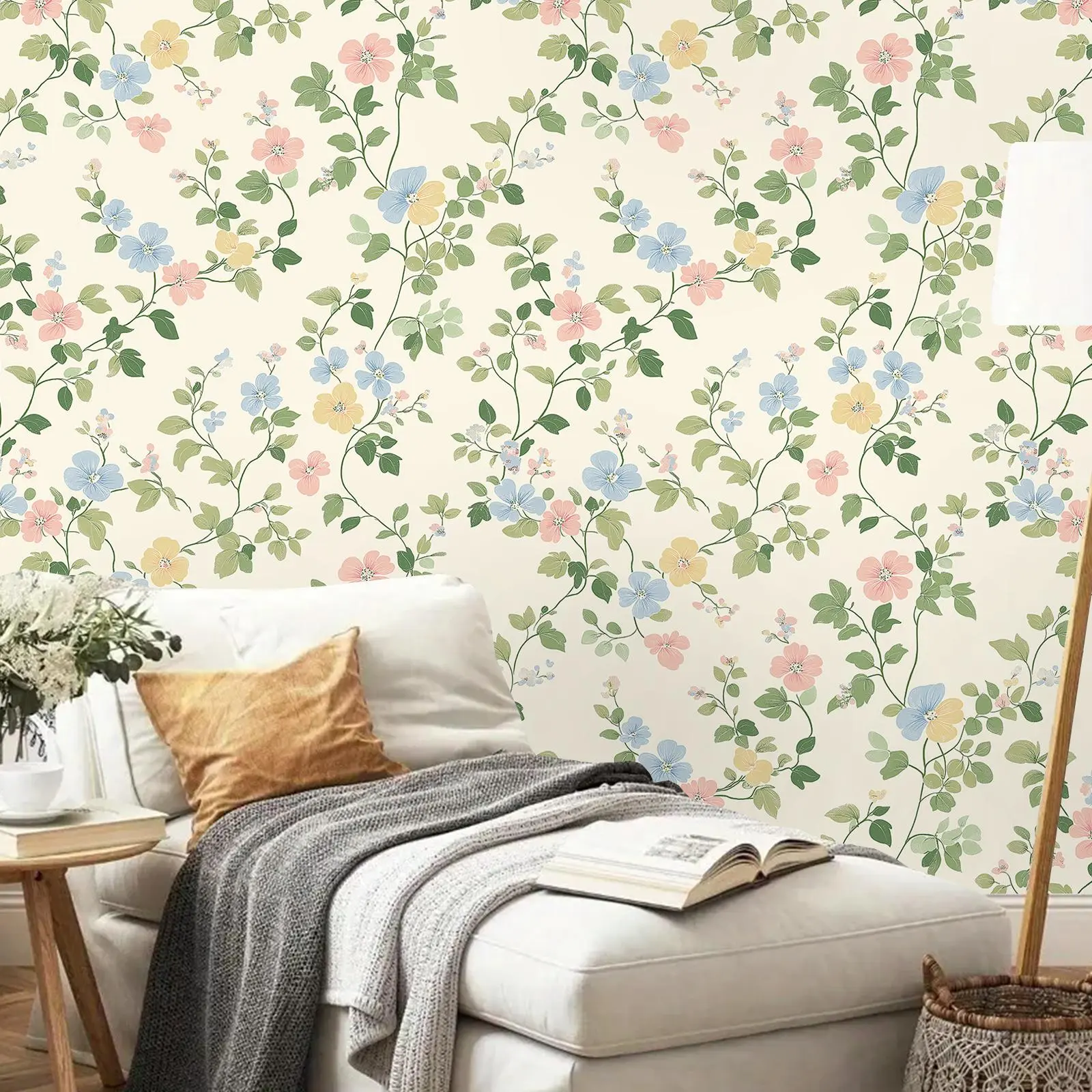 Fresh Farmhouse Vine Floral Self-Adhesive Wallpaper Roll, Peel And Stick Wallpaper Designs, Spring Aesthetic Wall Paper, Waterproof Removable Contact Paper for Living Room Kitchen Bedroom, Decorative Wallpaper