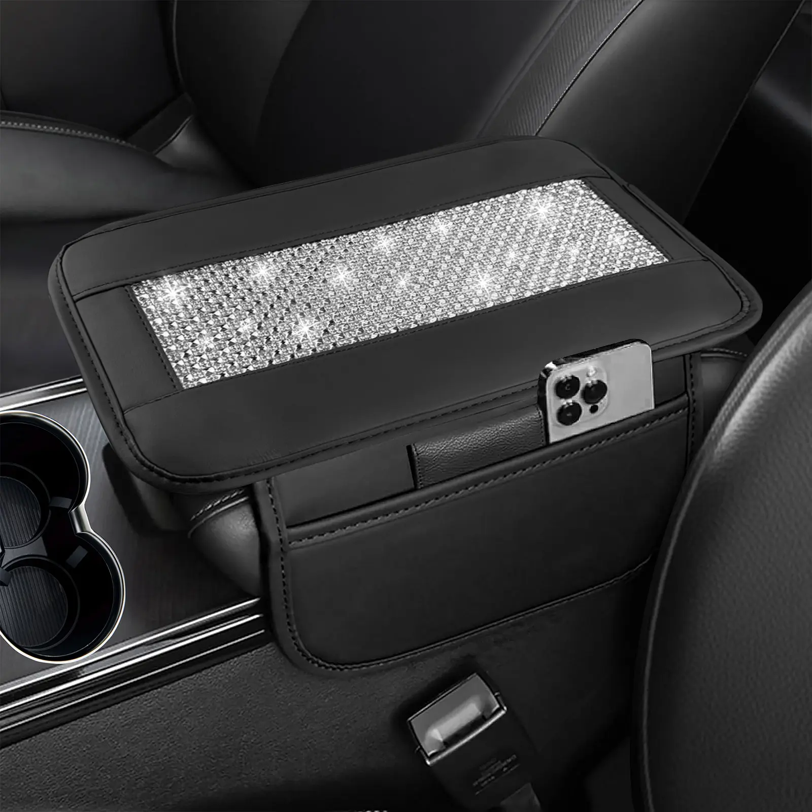 NBTEPEM Luxury Rhinestone Microfiber Leather Car Armrest Cover - Universal 12x8in Scratchsafe Center Console Pad, 2-Pocket Ease Side Storage, Slip-On Stay-Put Straps, Easy Installation Automotive Accessory, Rhinestones, Protective