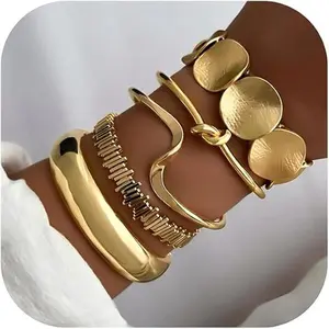 5 Piece Vintage Bold Geometric Wide Metal Bangle Set, Unique Daily Wear Gift for Women, Elegant Jewelry Accessory, Golden Tone Bracelet Collection for Party, Office, Fashion Outfit Styling