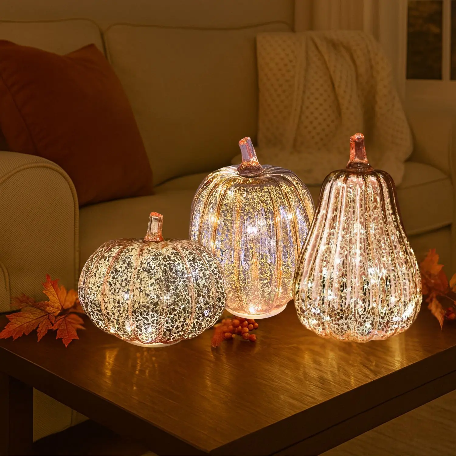 Modern Rose Gold Glass Pumpkin Lantern - LED-Illuminated Festive Decor, Timed LED Light for Birthday, Travel Commemoration & Home Supplies