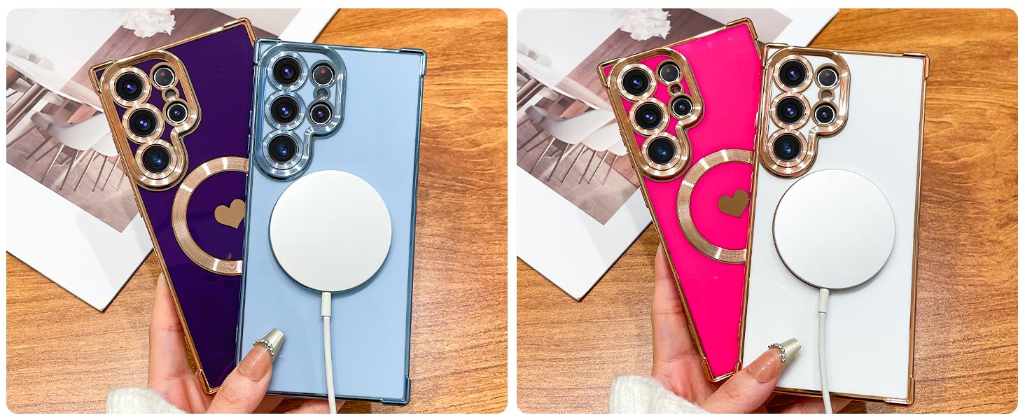 For S26 Ultra S25 Ultra S24 Ultra - Heart Silicone Square Case with Built-in Lens Protector, Magnetic Electroplated Shockproof Soft Cover, Stylish Design Perfect  for Girls Women, Protects from Scratches and Drops special christmas