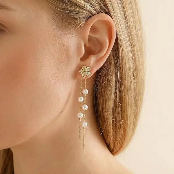 ChicBloom B Flower Dangle Earrings for Women Wedding Earrings for Brides Gold Crystal Dainty Pearl Drop Chain Earring Jewelry Wedding Guest Dress Bridesmaid Gifts