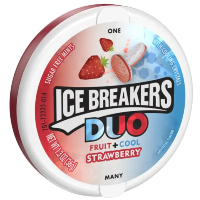 Ice Breakers Fruit+Cool Strawberry Breath Mints 2-Pack Tin Duo - Cancer Safe, All Ages Snack, Fat-Free, Sodium-Free, Fruity Refreshing Candy, On-the-Go Treat, 1.3oz, No Unwanted Additives
