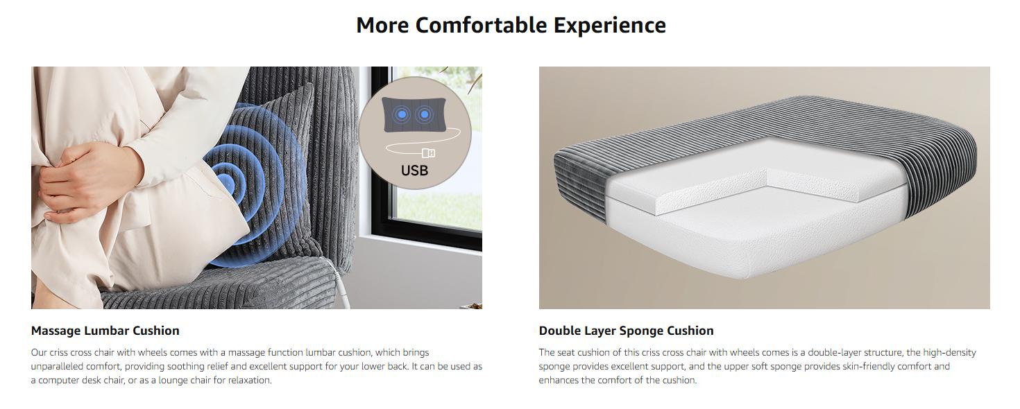 【Massage & Cozy Cushion】ONBRILL Criss Cross Chair with Wheels, Massage Cross Legged Office Chair with Double Layer Sponge Cushion, Corduroy Wide Armless Office Desk Chair Mid Back Swivel Vanity Chair for Home Office, Bedroom Furniture