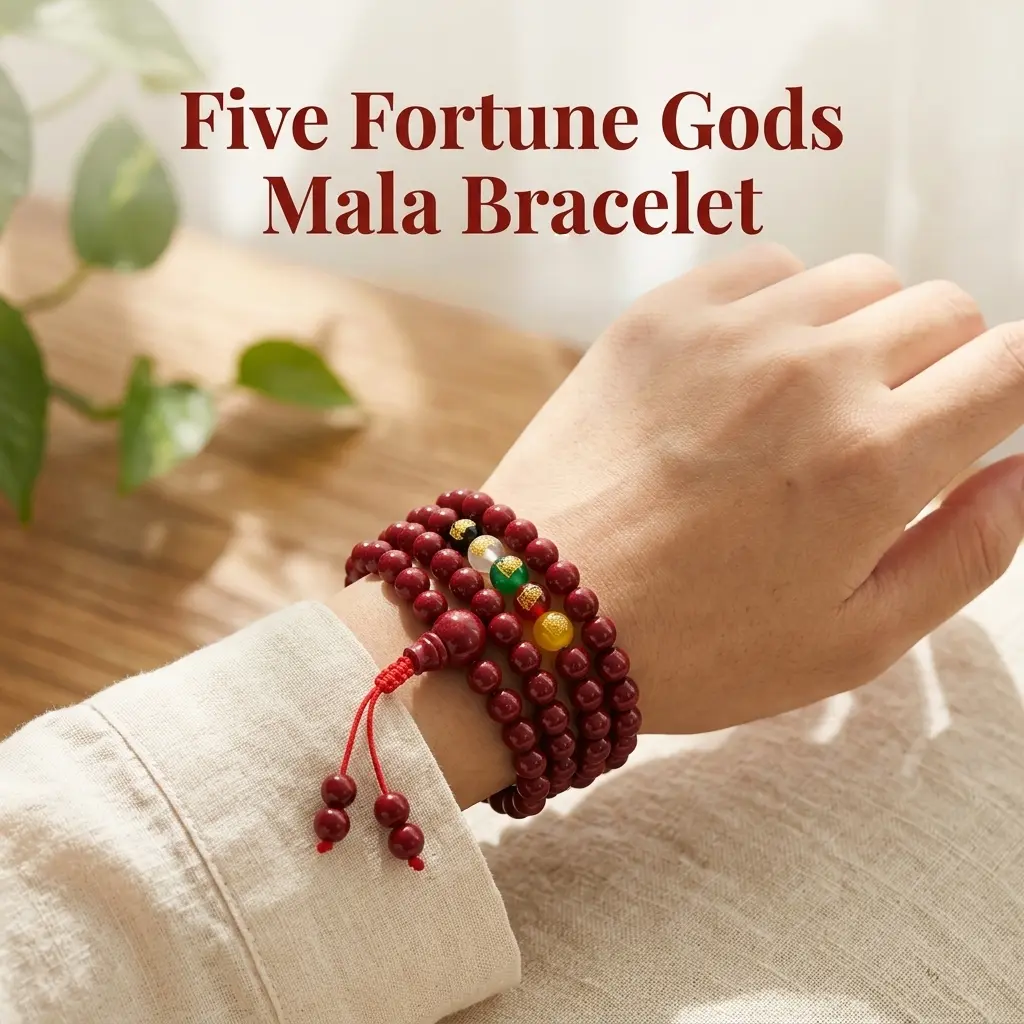 5 Gods of Wealth Mala Bracelet - Exquisite, High Quality Mala Beads Jewelry with Genuine Safe Cinnabar & Agate Beads, Traditional Chinese Feng Shui Bracelet for Business Luck & Career Advancement, Exquisite Bracelet, High Quality Bracelet