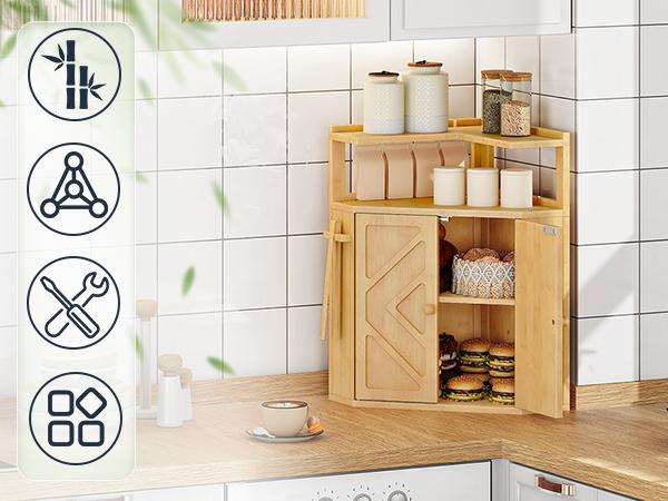 HOOBRO Bamboo Bread Box, Corner Bread Box for Kitchen Countertop, Large Capacity 2-Tier Bread Container, Bread Storage Container with Removable Shelf and Clip Holder, for Dining Room, Natural
