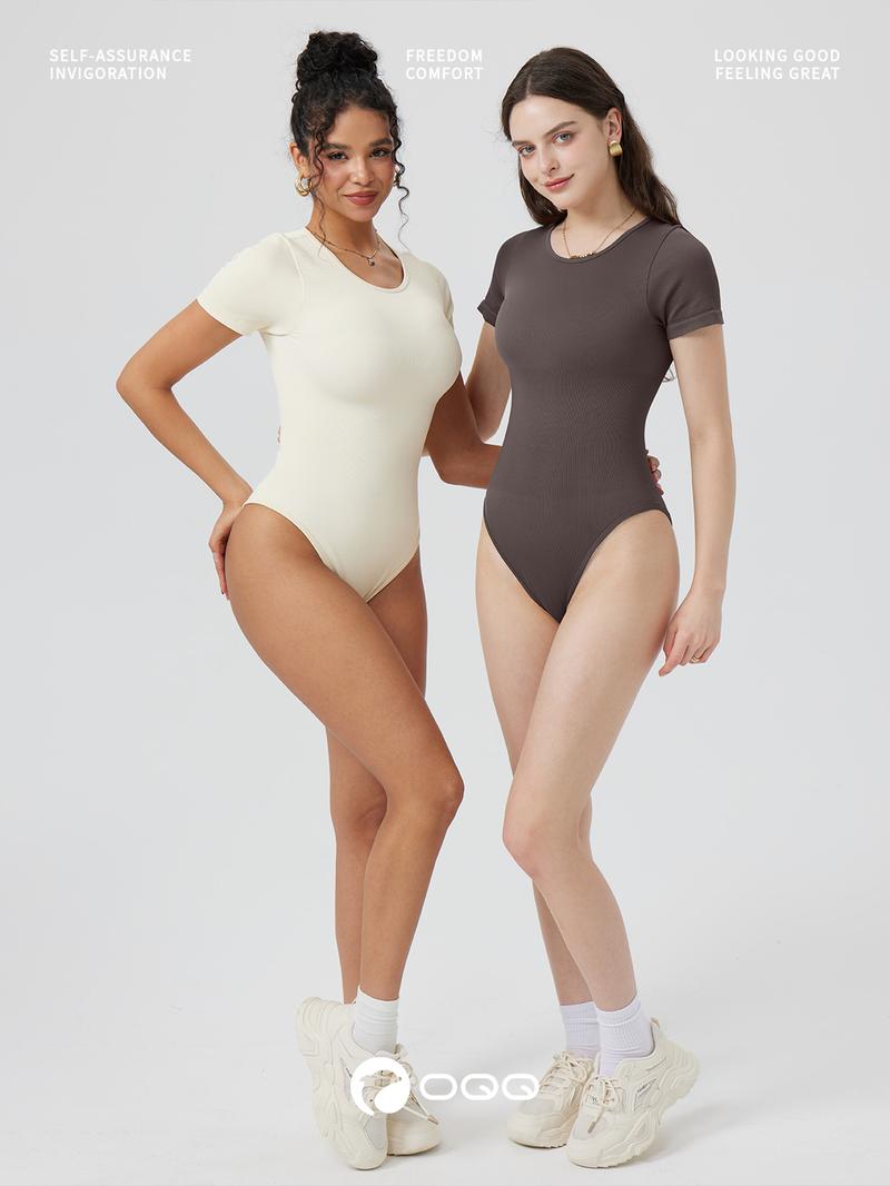 OQQ Women's 2 Piece Bodysuits Sexy Ribbed One Piece Short Sleeve Tops Bodysuits Trendy Comfortable