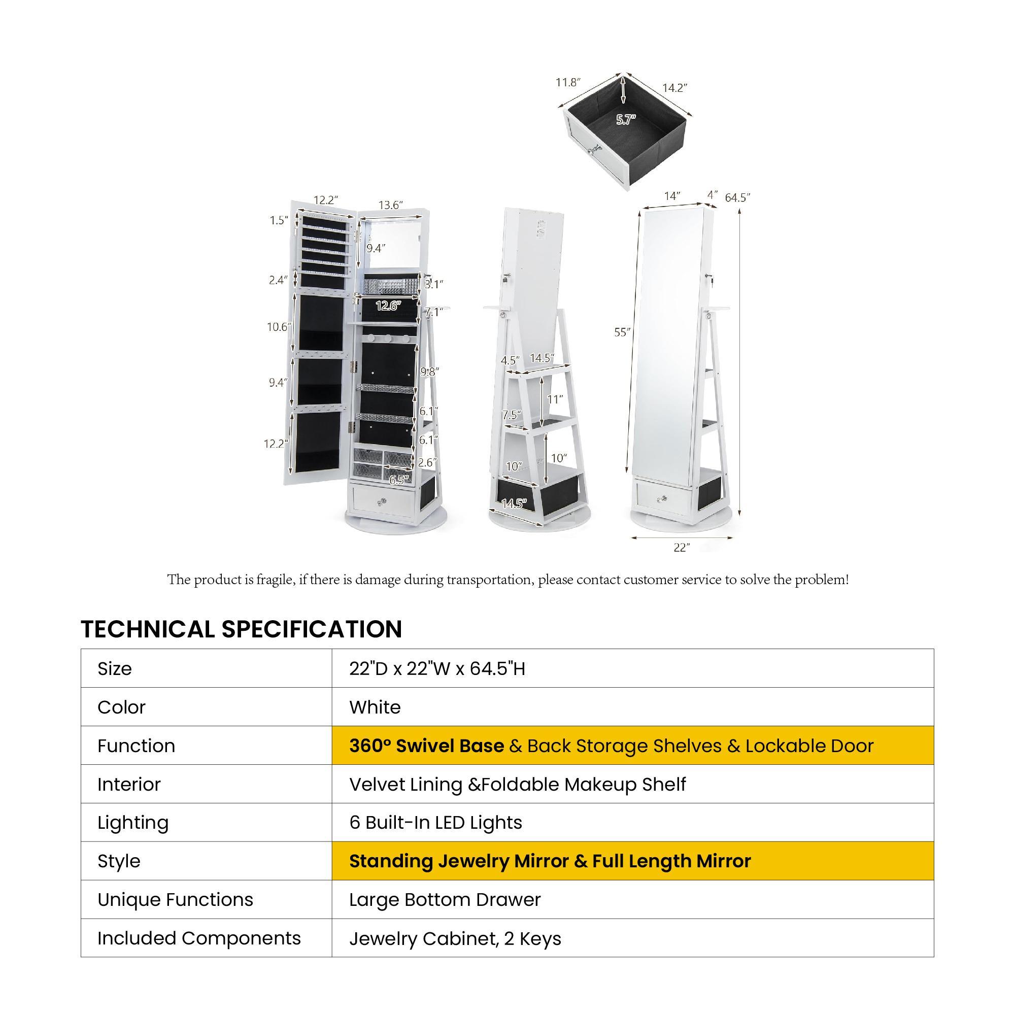 COSTWAY 360° Swivel Jewelry Armoire with Full Length Mirror, Rear Storage Shelves, Lockable Standing Jewelry Cabinet Organizer with Interior Vanity Mirror and 3-Color Lights, Christmas Festival Gift Black Friday Cyber Monday COSTWAY 360° Swivel Jewelry Armoire with Full Length Mirror, Rear Storage Shelves, Lockable Standing Jewelry Cabinet Organizer with Interior Vanity Mirror and 3-Color Lights, Christmas Festival Gift Black Friday Cyber Monday